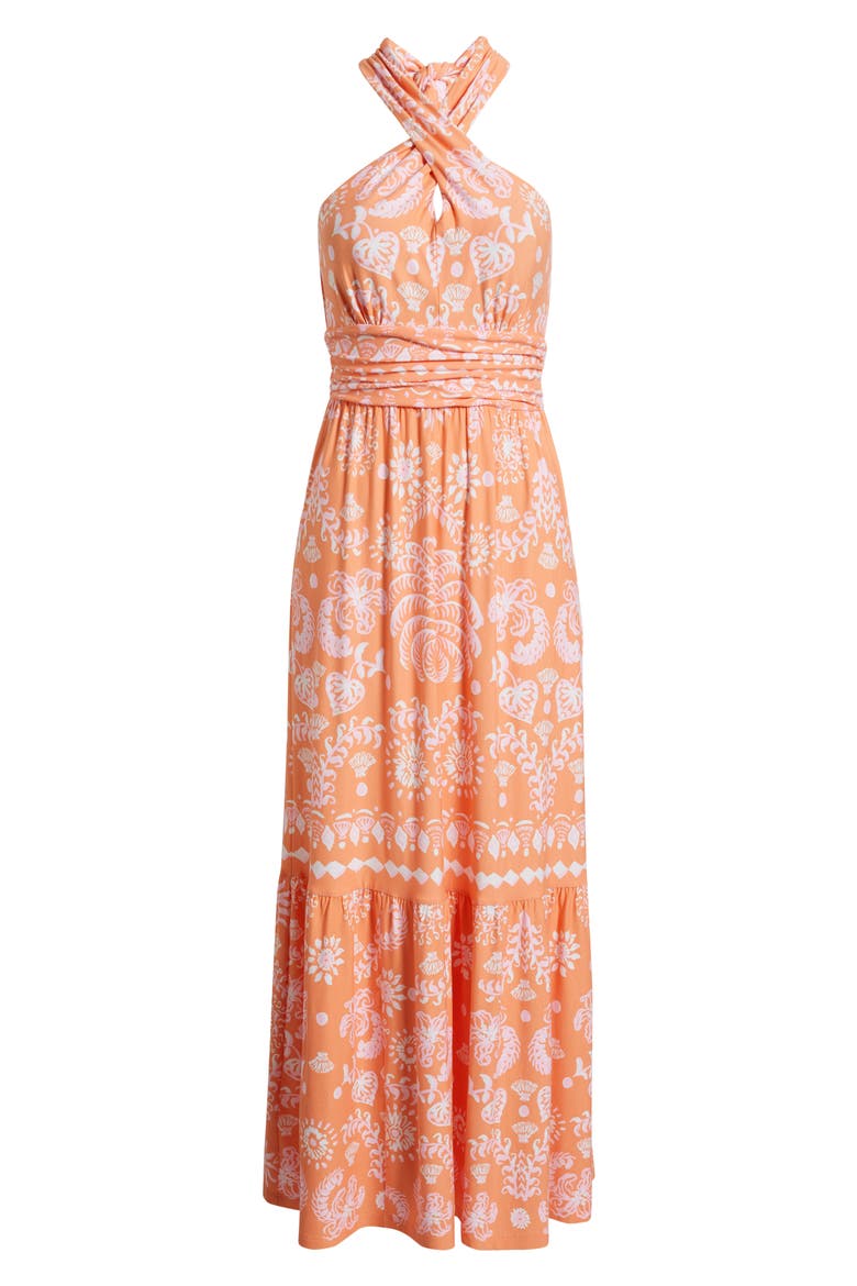 montecito halter maxi dress Soft and easy in printed jersey, the Montecito Halter Maxi Dress is made for warm summer days thanks to a tie-back neckline and ruffled hem that catches the breeze