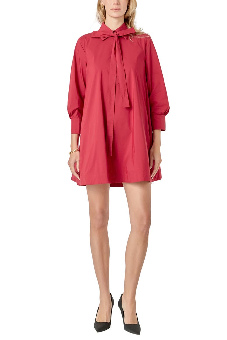 Bow Long Sleeve Shirtdress, Main, color, BURGUNDY