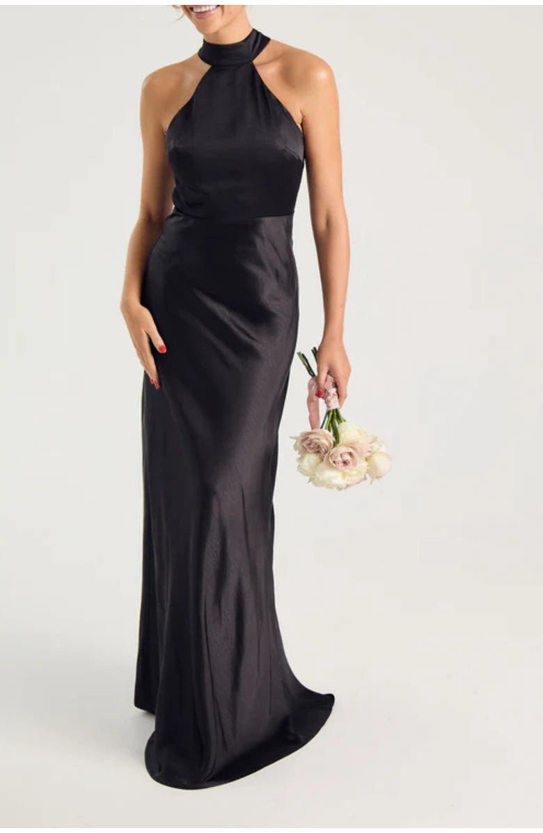 Six Stories Halter Neck Satin Bridesmaid Dress, Alternate, color, Black