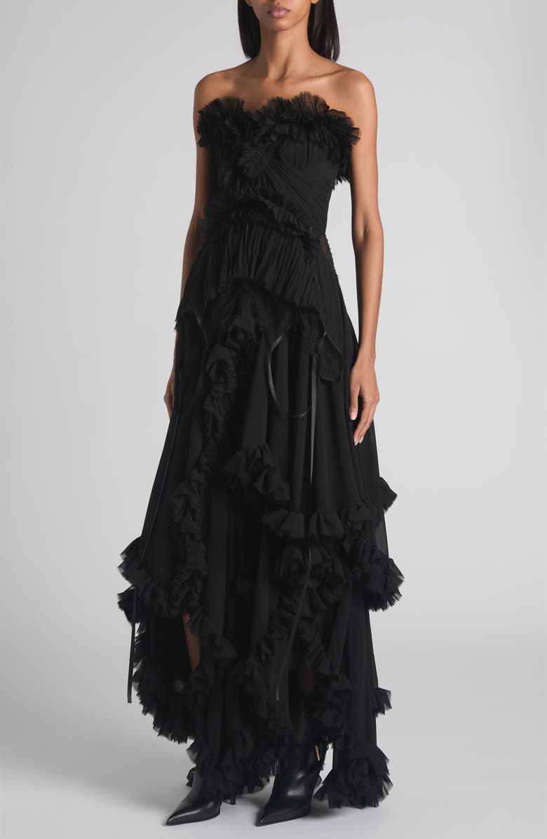McQueen Tiered Ruffle Strapless Silk Georgette Gown, Alternate, color, Black