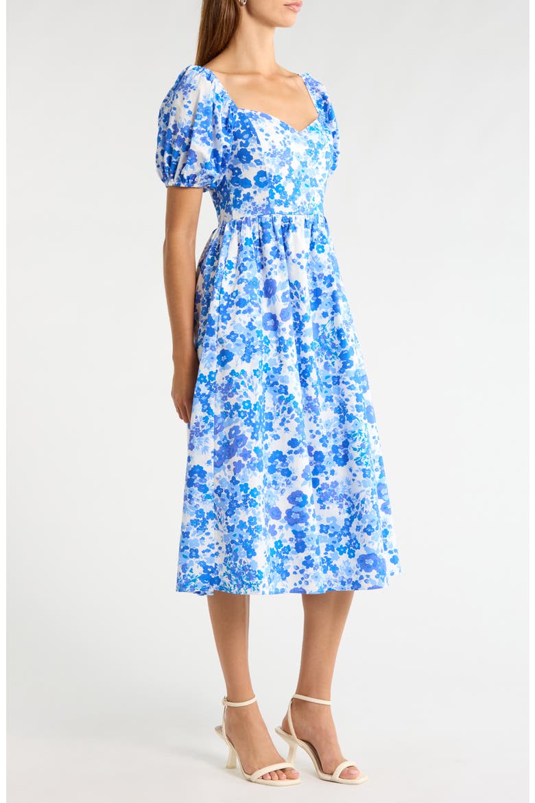 Carli Floral Alessi Puff Sleeve Cotton Midi Dress, Alternate, color, WHITE-BLUES-MULTI