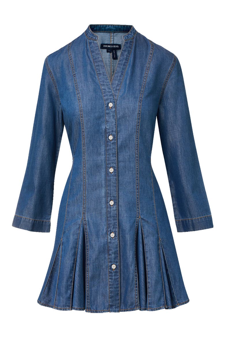 Korinda Godet Pleat Long Sleeve Denim Dress, Alternate, color, POOL PARTY
