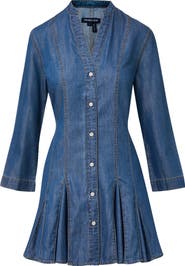 Veronica Beard Korinda Godet Pleat Long Sleeve Denim Dress