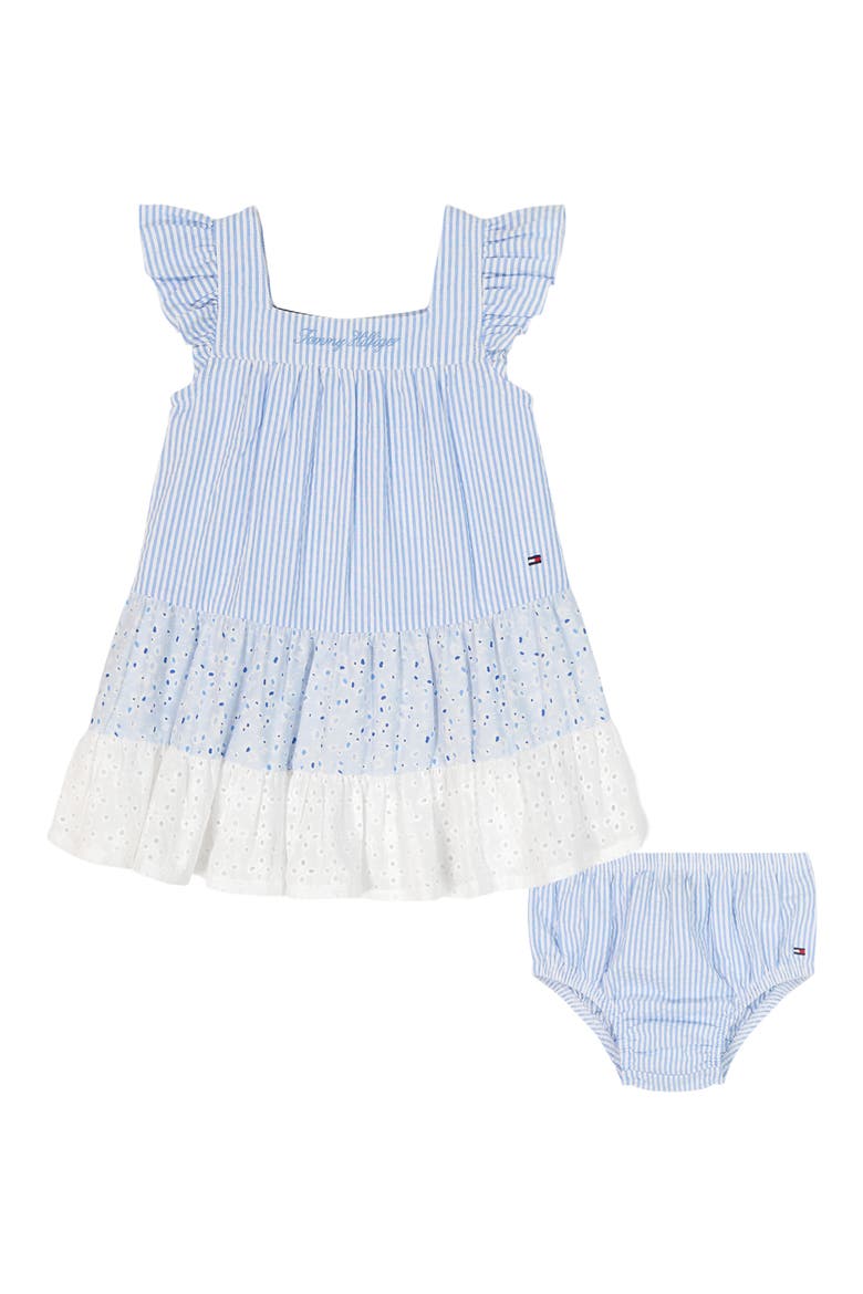 Kids' Seersucker Tiered Dress & Bloomers Set, Main, color, BLUE/ WHITE