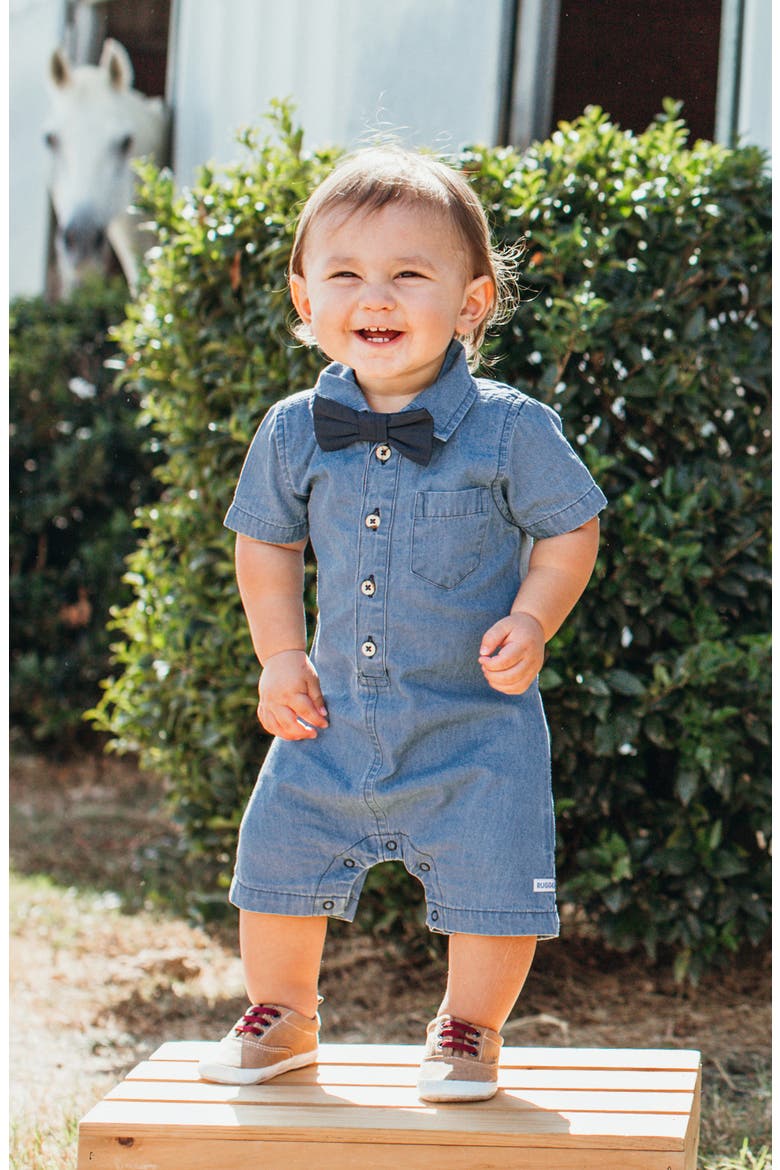 Chambray Romper & Bow Tie Set, Alternate, color, DENIM