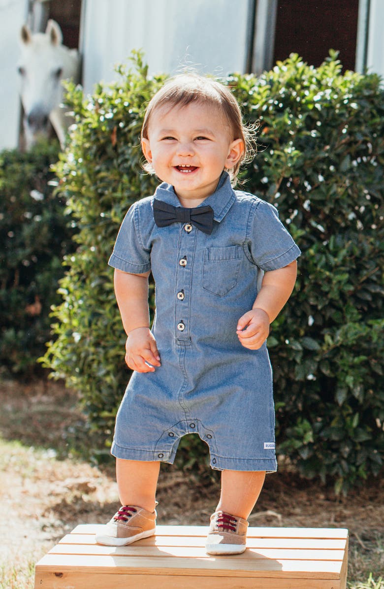 RuggedButts Chambray Romper & Bow Tie Set, Alternate, color, 