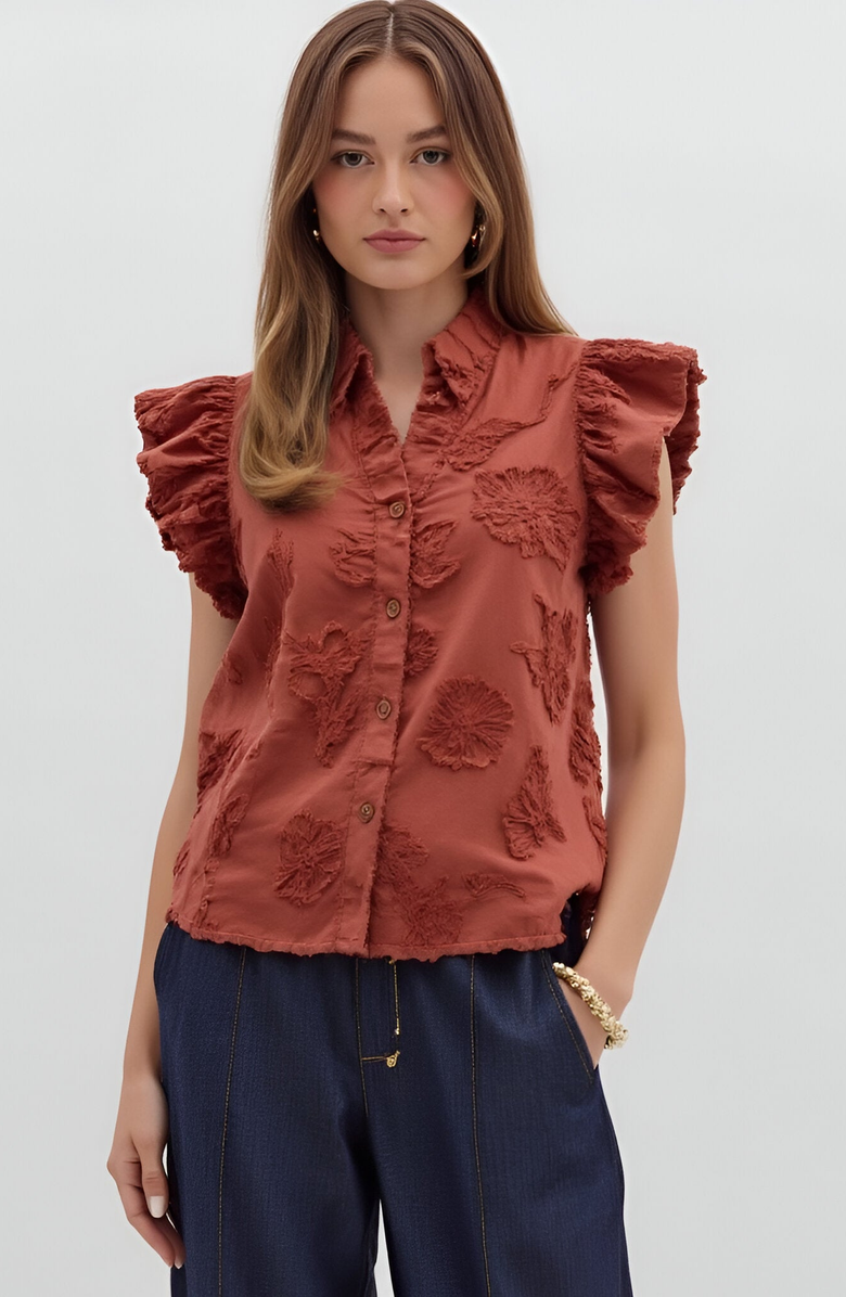 Modenaire Ruffle Sleeve Blouse with Textured Floral Embroidery and Button Front, Main, color, 