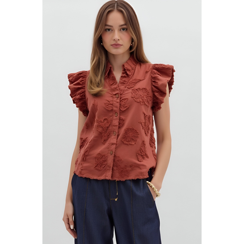 Modenaire Ruffle Sleeve Blouse With Textured Floral Embroidery And Button Front In Brown