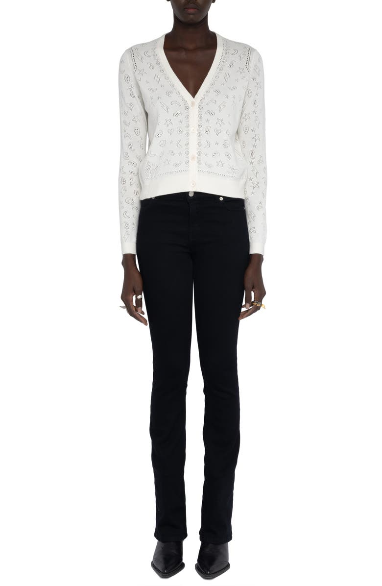 Zadig & Voltaire Manala Bandana Pointelle Cotton Cardigan, Alternate, color, Eggshell