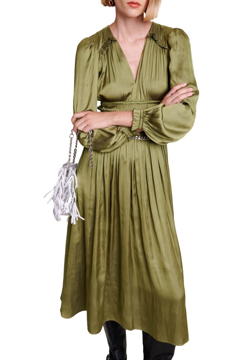 Long Sleeve Ruffle Satin Midi Dress, Alternate, color, KHAKI