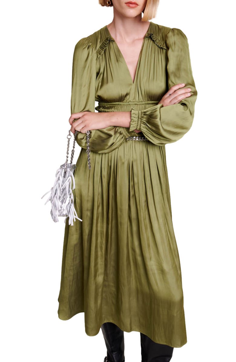 maje Long Sleeve Ruffle Satin Midi Dress, Alternate, color, 