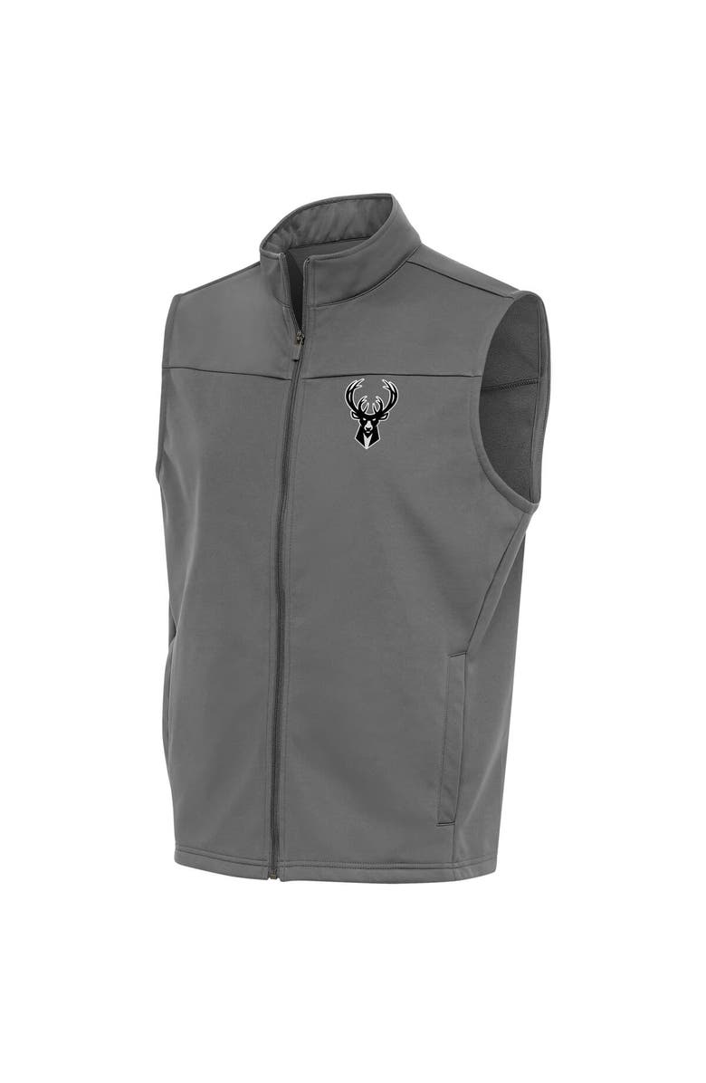 ANTIGUA Men's Antigua Steel Milwaukee Bucks Metallic Logo Links Full-Zip Golf Vest, Main, color, 