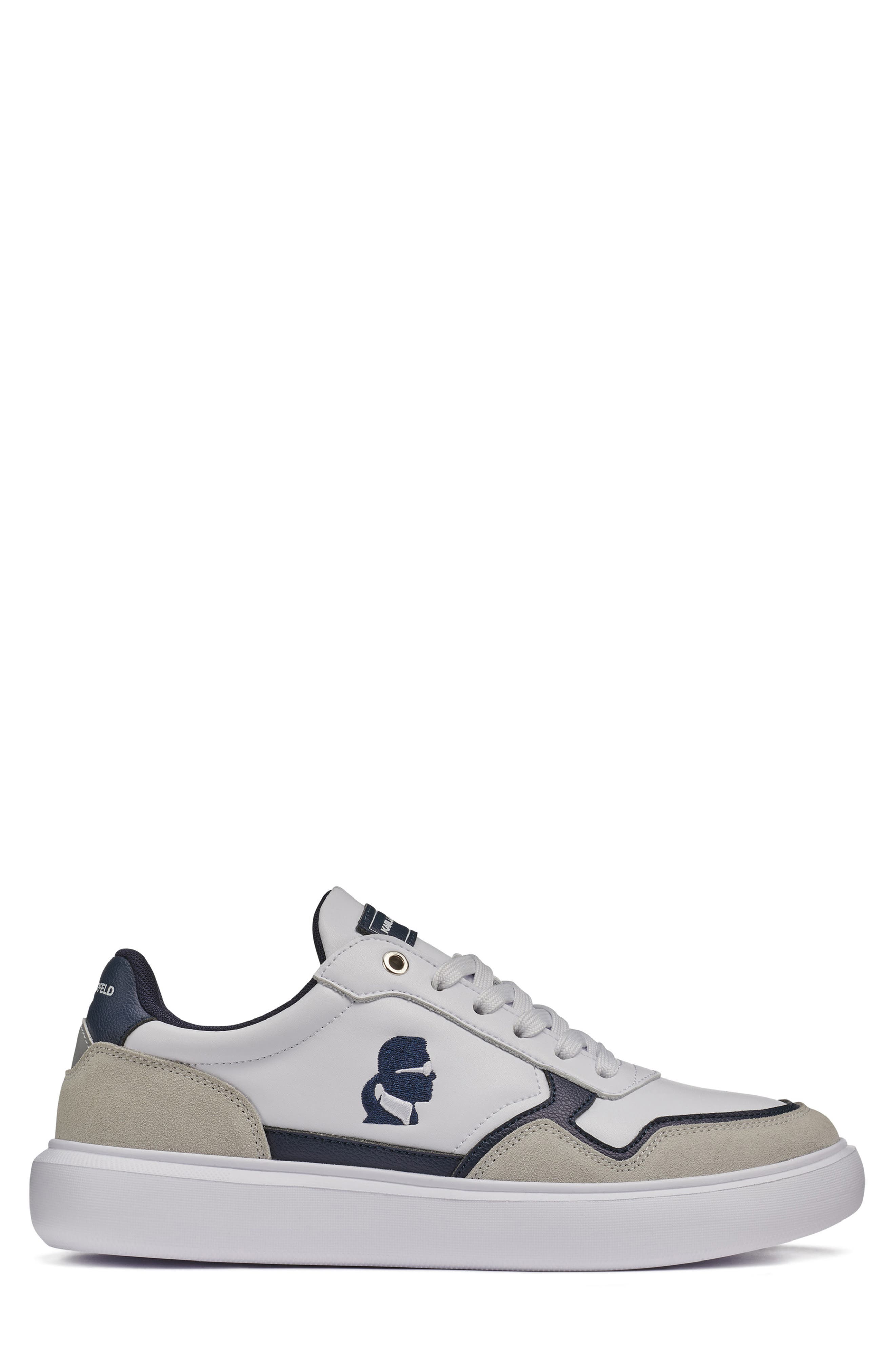 Side Karl Profile Embroidered Low Top Sneaker, Alternate, color, WHITE/ NAVY