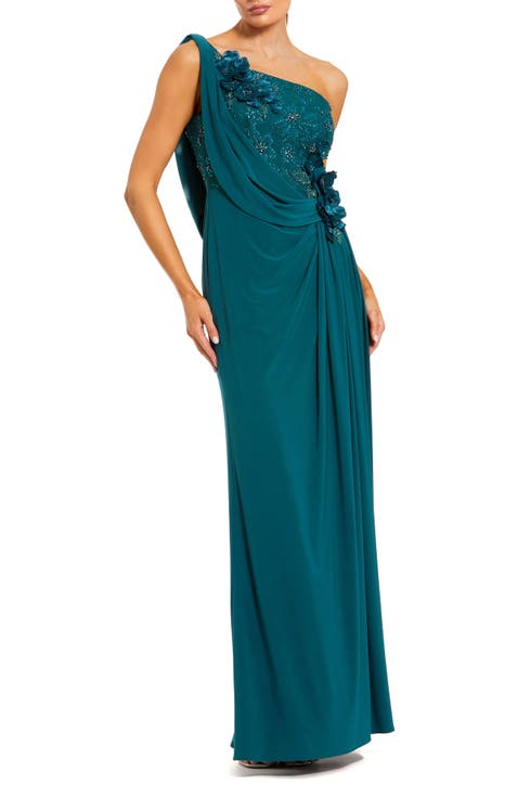 Women's Jersey One Shoulder Cowl Gown With 3D Flowers