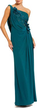 Mac Duggal Women's Jersey One Shoulder Cowl Gown With 3D Flowers