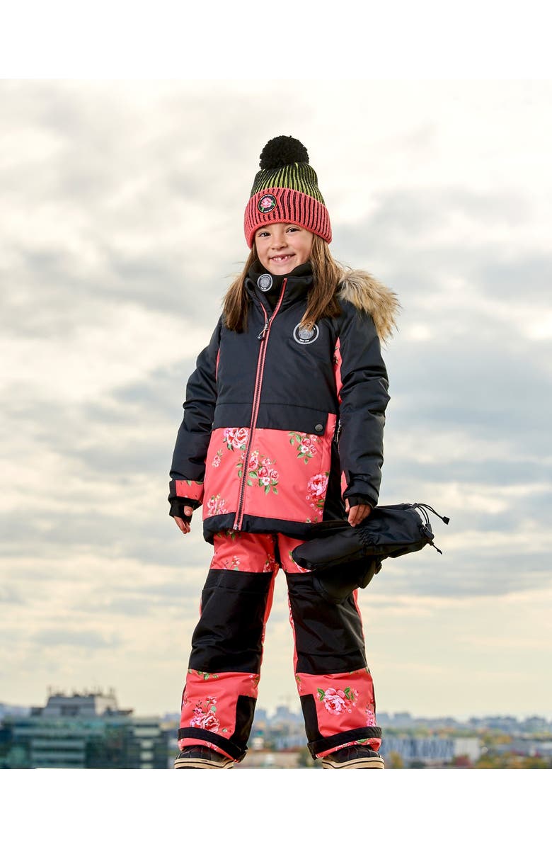 Deux par Deux Girl's Two Piece Snowsuit Black With Print Pant Printed Coral Flowers, Alternate, color, 
