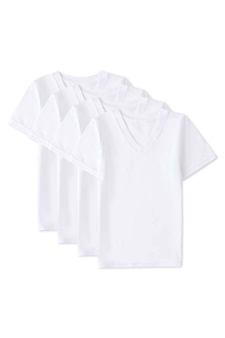 4 Pack Cotton Rich V-Neck Short Sleeve Undershirts, Main, color, White