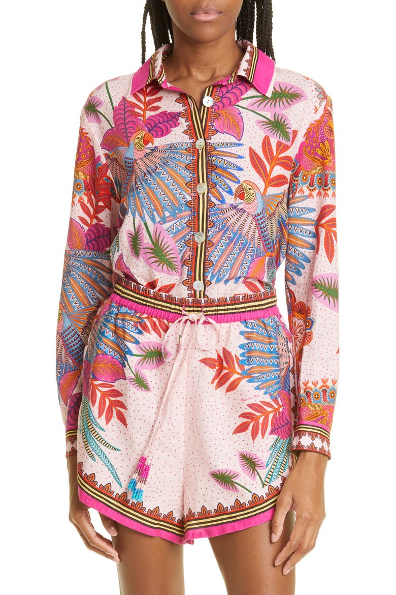 Macaw Scarf Linen Blend Button-Up Shirt, Main, color, MACAW SCARF PINK