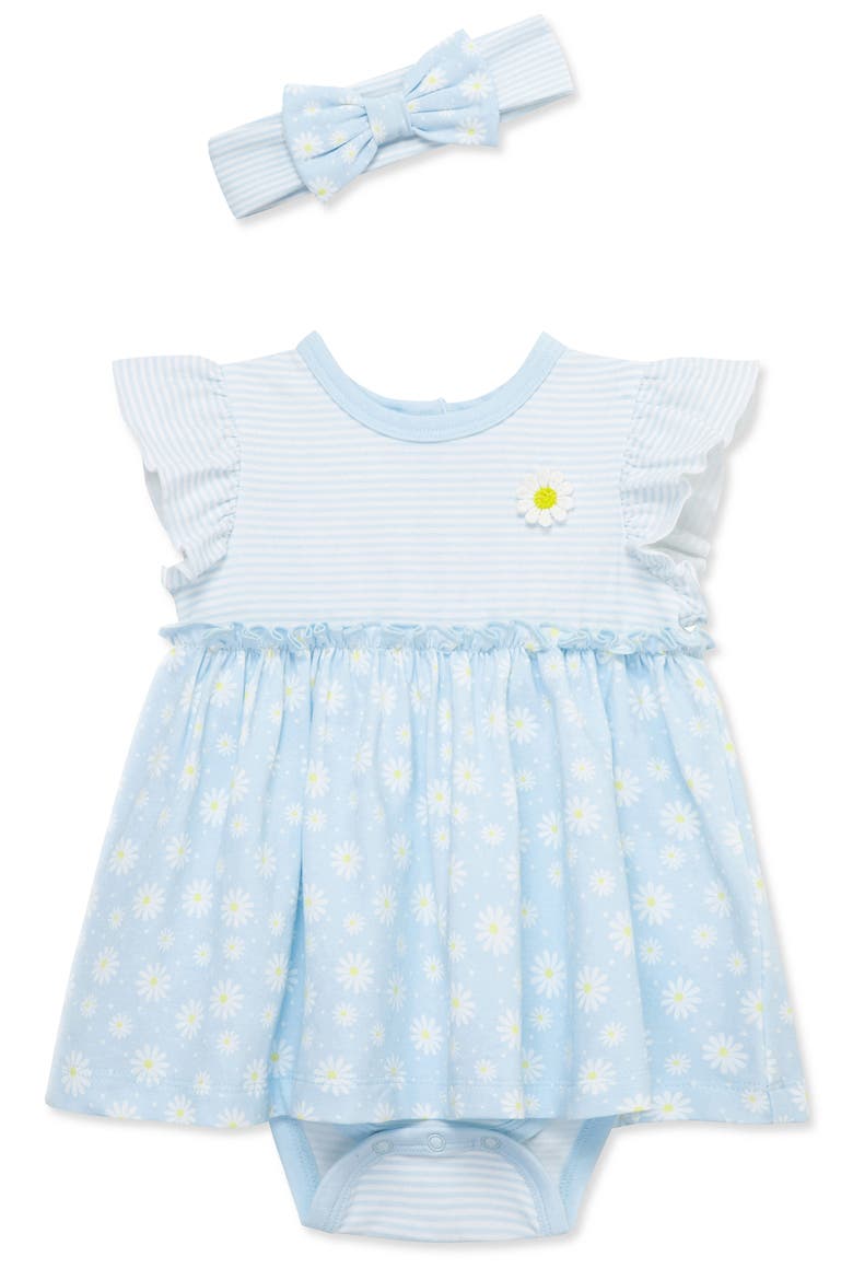 Daisies Skirted Cotton Bodysuit & Headband Set, Main, color, BLUE
