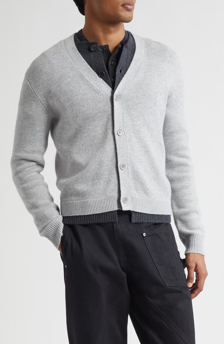 JW Anderson Contrast Layered Wool & Cashmere Cardigan, Main, color, Charcoal Melange