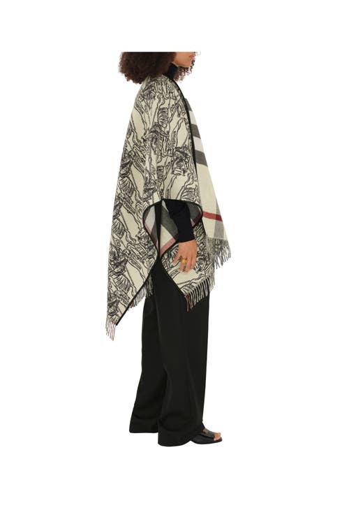 Shop Burberry Reversible Ekd Check Wool Cape In Stone