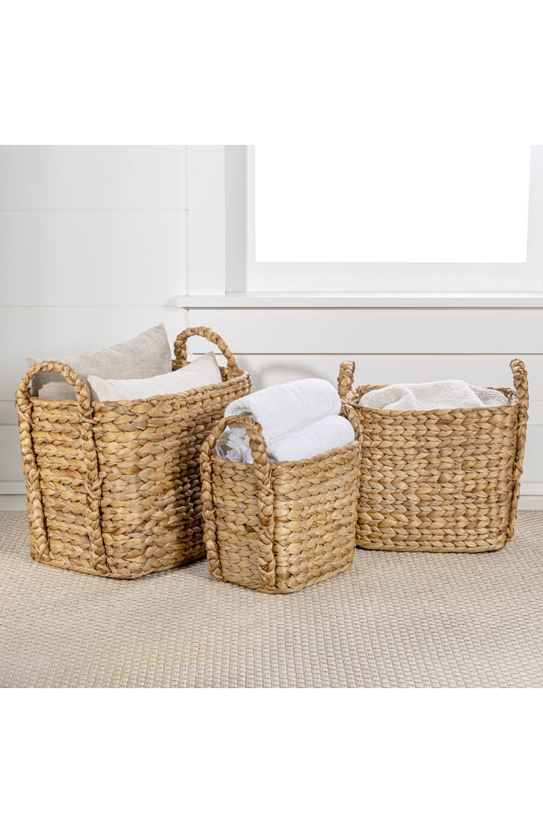 HAPPIMESS Clara Farmhouse Classic Handwoven Hyacinth Rectangle Storage Floor Baskets with Handles,, Main, color, Natural