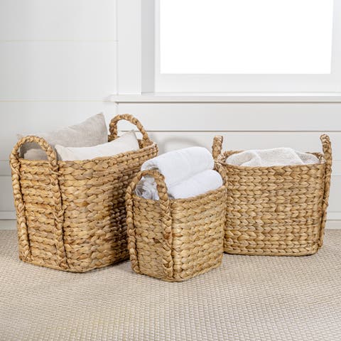 Clara Farmhouse Classic Handwoven Hyacinth Rectangle Storage Floor Baskets with Handles, (Set of 3)