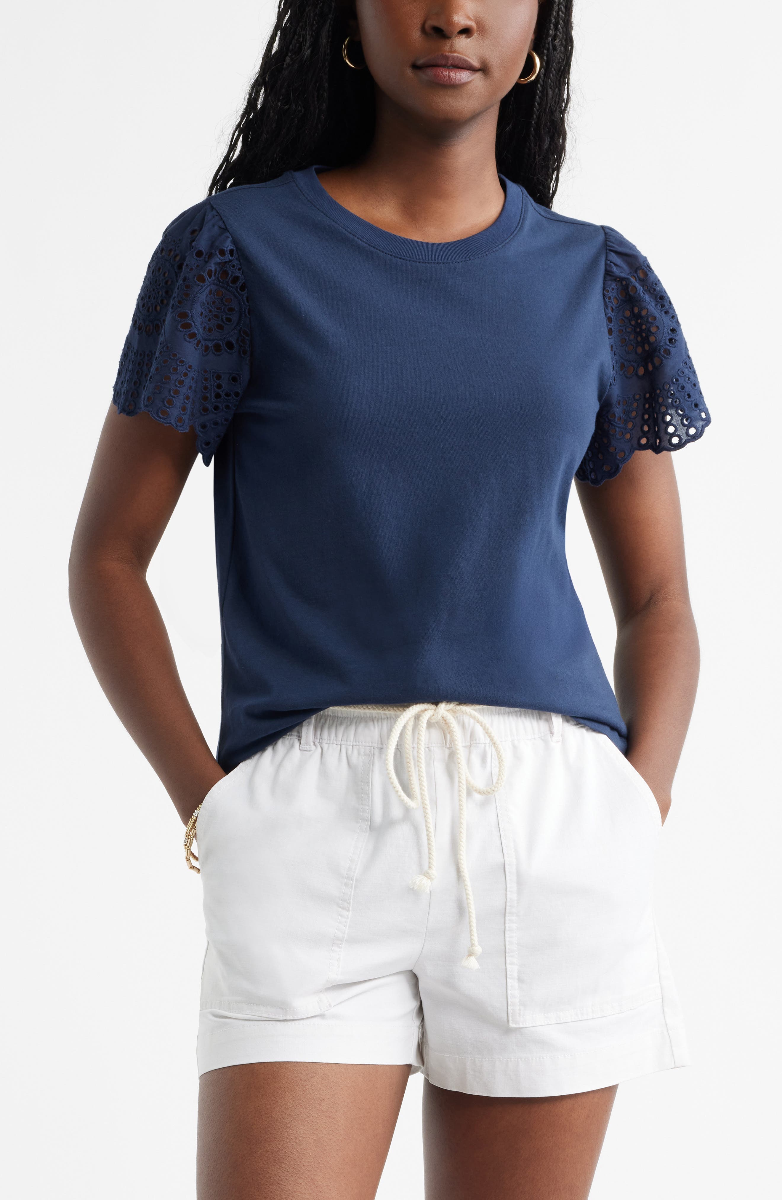 Eyelet Sleeve Mixed Media T-Shirt - image 3