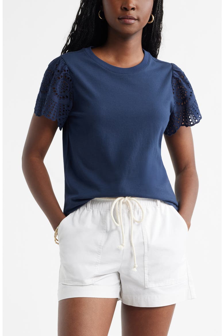 Eyelet Sleeve Mixed Media T-Shirt, Main, color, NAVY STILL