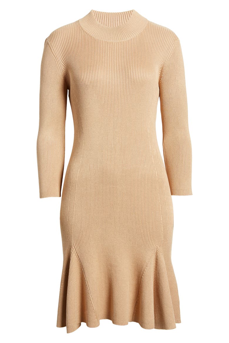 Rib Three-Quarter Sleeve Sweater Dress, Alternate, color, CARAMEL