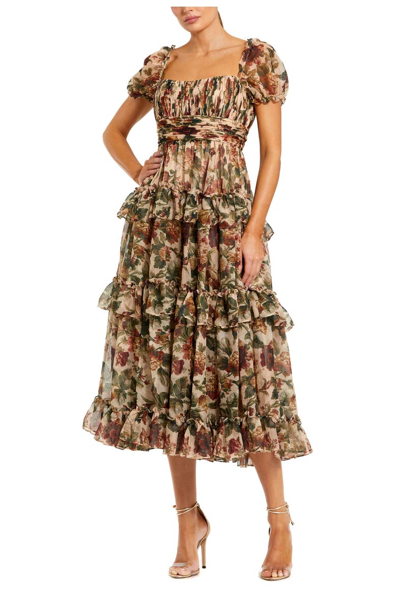 Mac Duggal Women's Chiffon Ruffle A Line Midi Dress with Puff Sleeves, Main, color, Cream Multi