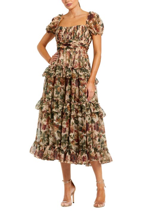 Women's Chiffon Ruffle A Line Midi Dress with Puff Sleeves