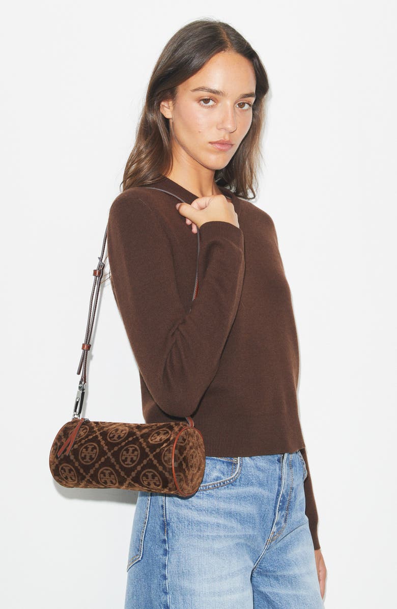 Tory Burch T Monogram Flocked Velvet Cylinder Shoulder Bag, Alternate, color, Sun Beige