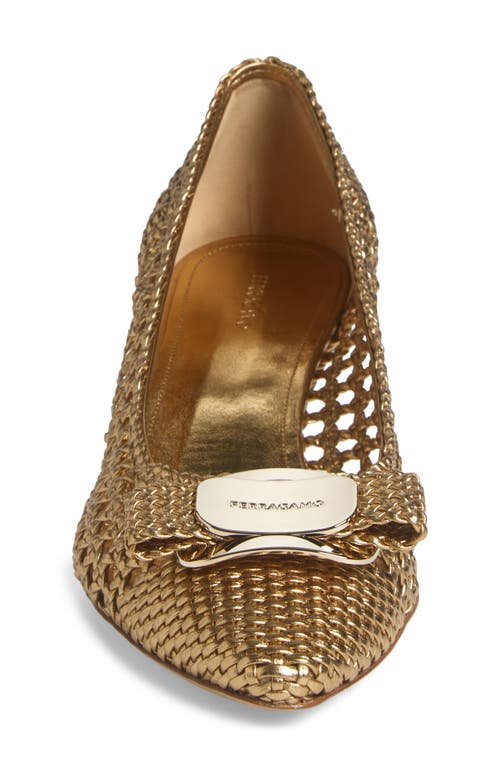Ferragamo Zelma Bow Woven Pointed Toe Kitten Heel Pump In Gold Lux