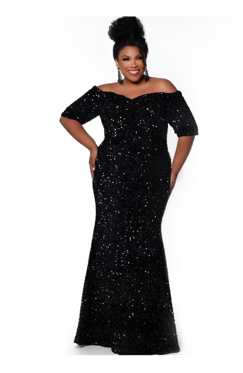 Johnathan Kayne for Sydney's Closet Velvet Sequin Short Sleeve Plus Size Evening Gown, Alternate, color, Onyx