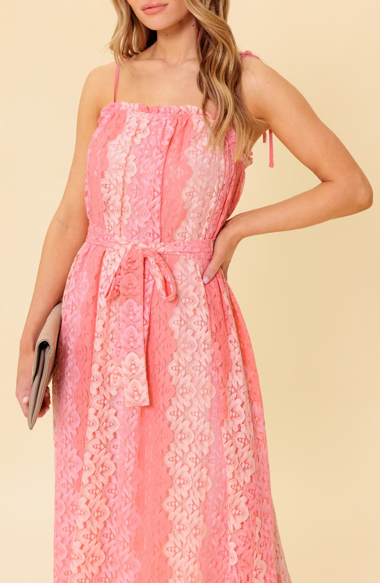 FLYING TOMATO Tie Waist Lace Midi Dress, Alternate, color, Peach