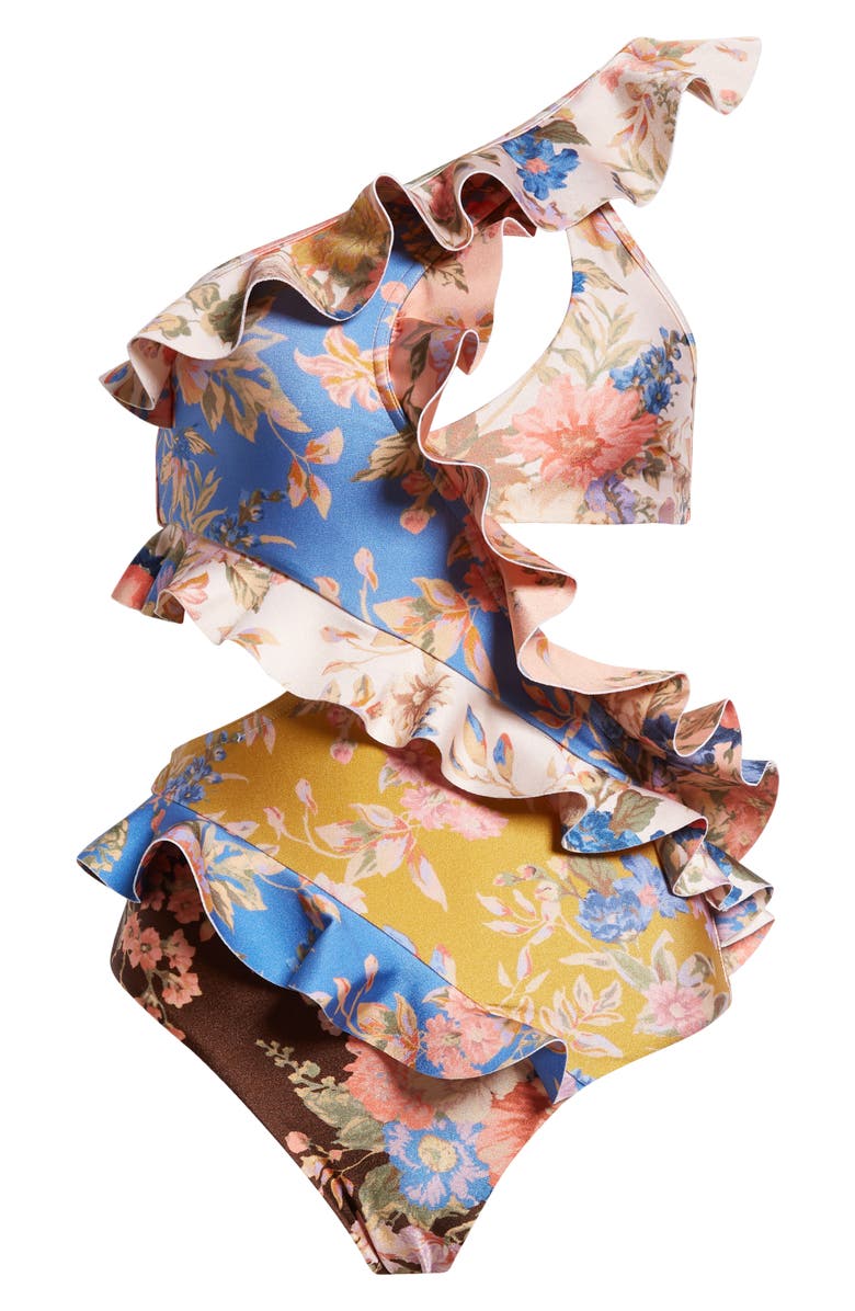 Zimmermann August Asymmetric Ruffle Cutout One-Shoulder One-Piece Swimsuit, Alternate, color,