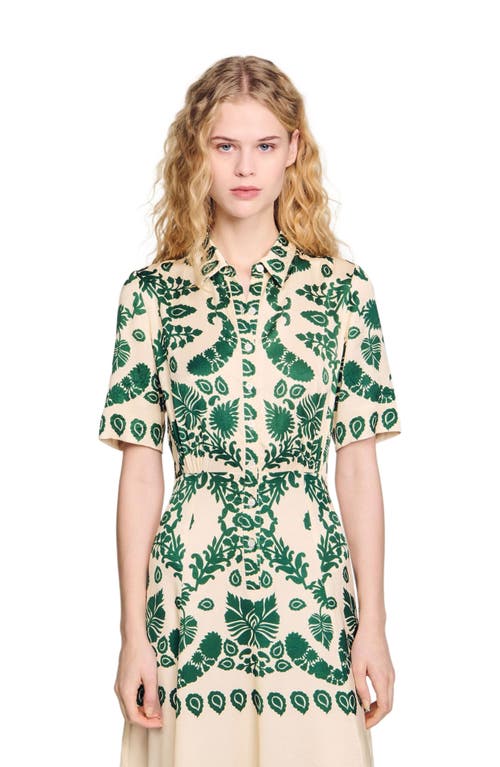 Sandro Leaves-print Maxi Dress In Ecru/green