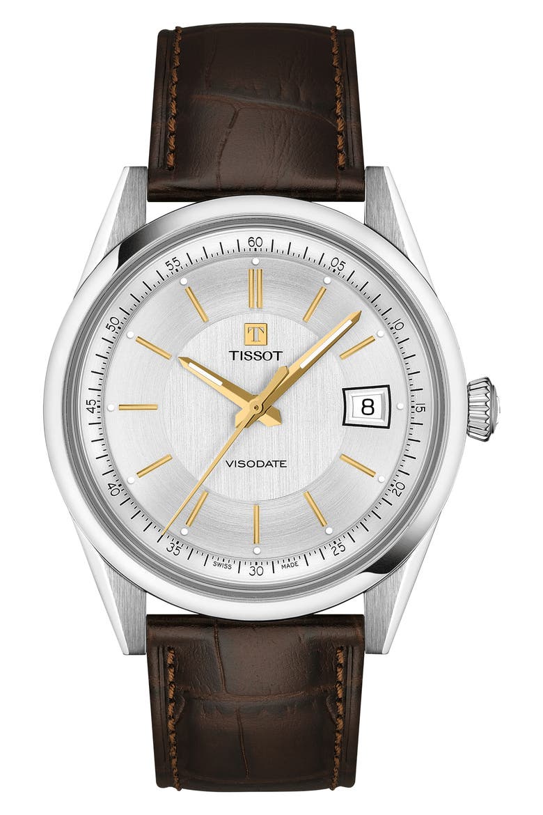 Visodate Leather Strap Watch, 39mm, Main, color, SILVER