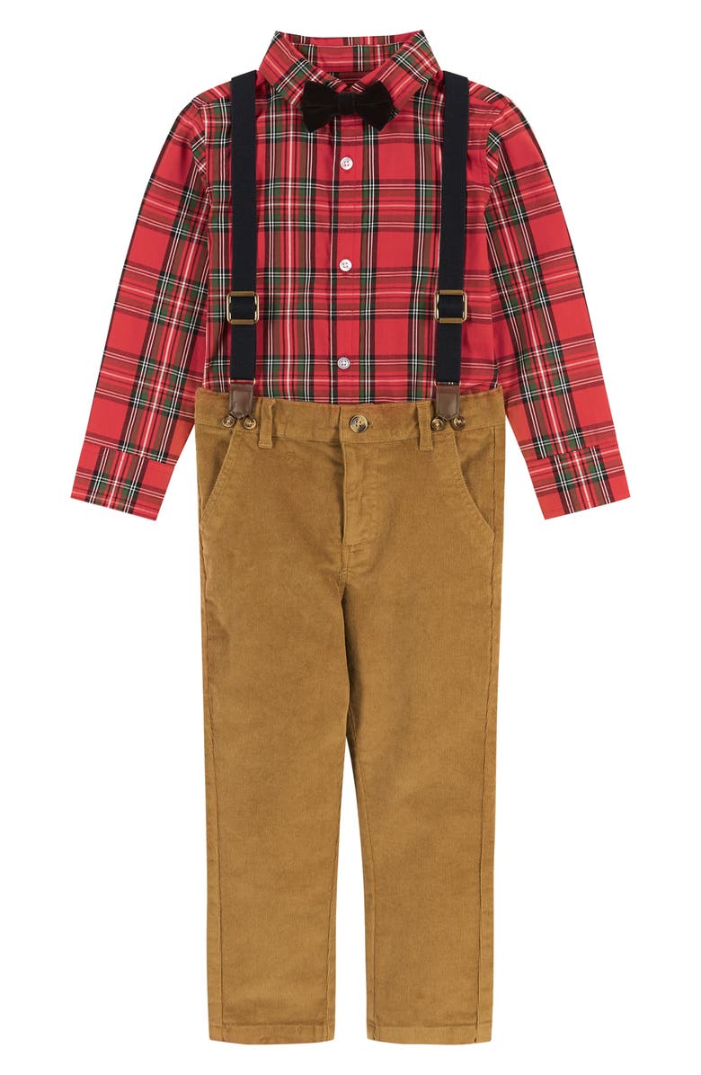 Andy & Evan Kids' Plaid Flannel Shirt, Suspender Pants & Bow Tie Set, Main, color, 
