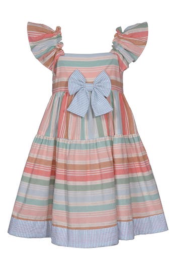Iris & Ivy Kids' Flutter Sleeve Stripe Dress In Peach/blue Multi