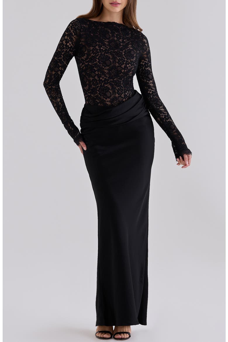 Yasmeen Long Sleeve Lace Bodysuit & Satin Skirt Set, Alternate, color, BLACK