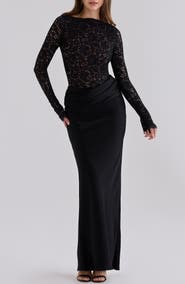 HOUSE OF CB Yasmeen Long Sleeve Lace Bodysuit & Satin Skirt Set