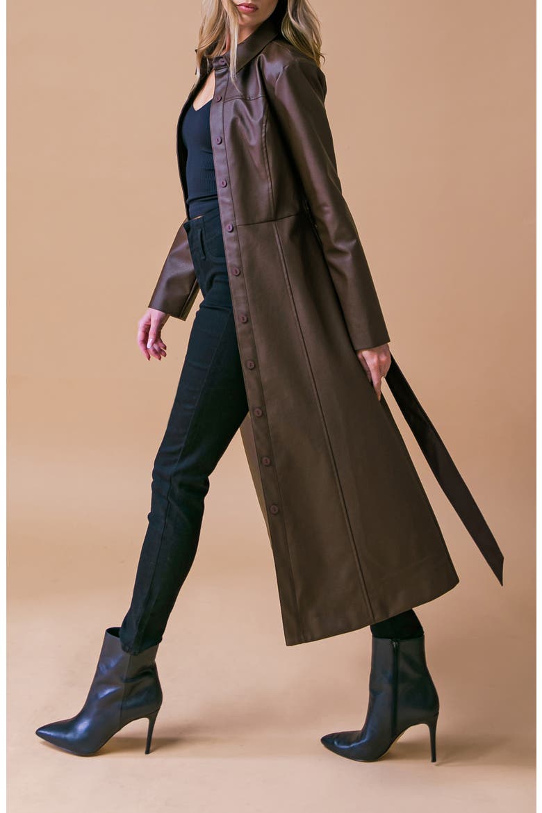 Belted Faux Leather Coat, Alternate, color, BROWN