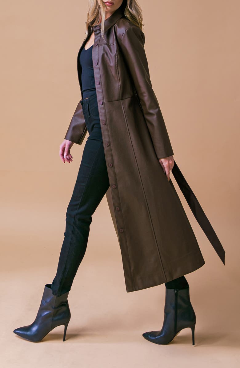 Belted Faux Leather Coat