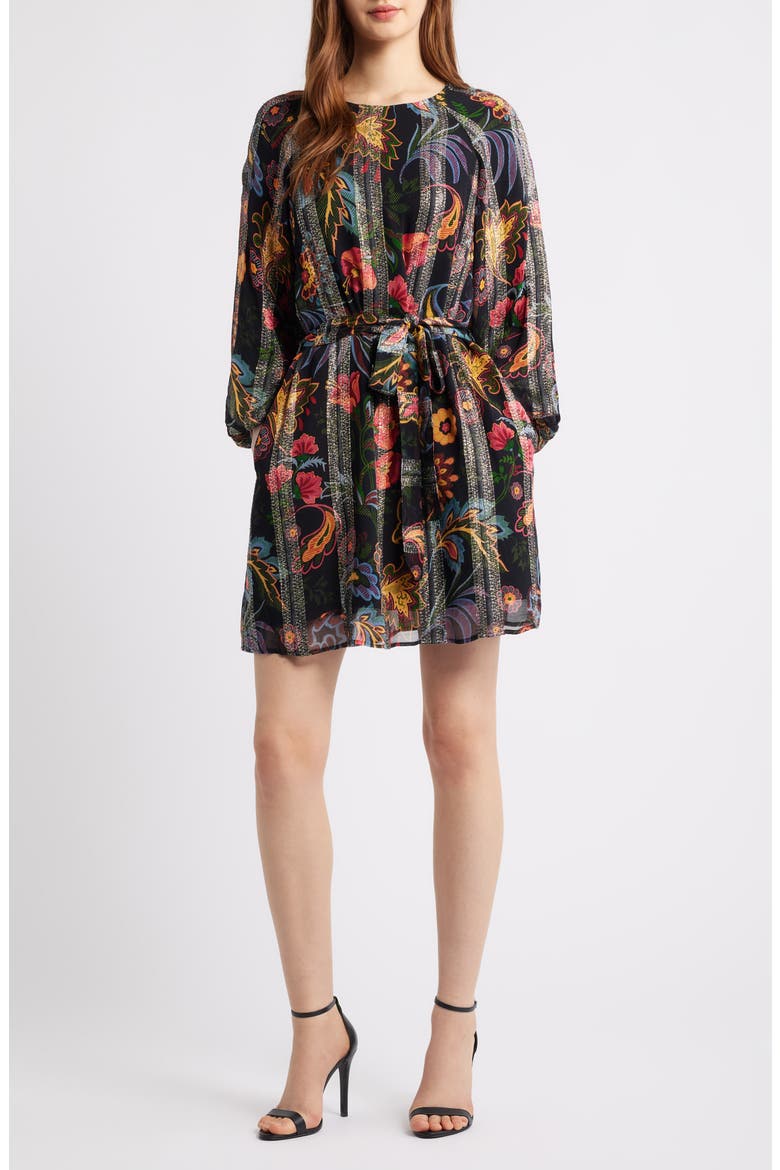 Odette Floral Metallic Long Sleeve Belted Dress, Main, color, BLACK