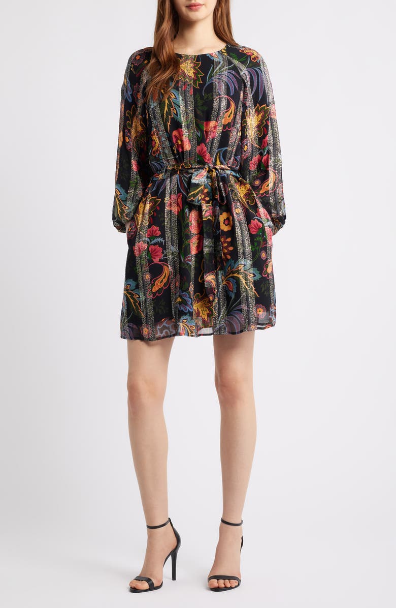 CIEBON Odette Floral Metallic Long Sleeve Belted Dress, Main, color, Black