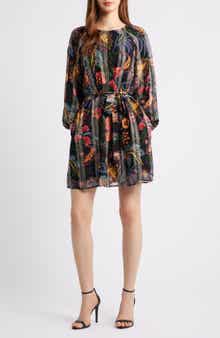 CIEBON Odette Floral Metallic Long Sleeve Belted Dress