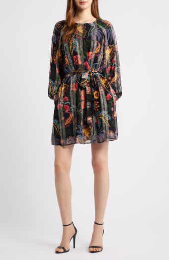 CIEBON Odette Floral Metallic Long Sleeve Belted Dress