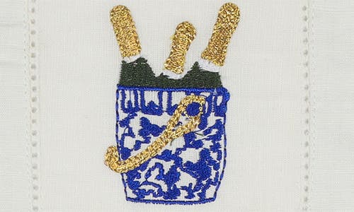 Tiramisu Bubbly Bliss Embroidered Linen Cocktail Napkins In Blue/gold